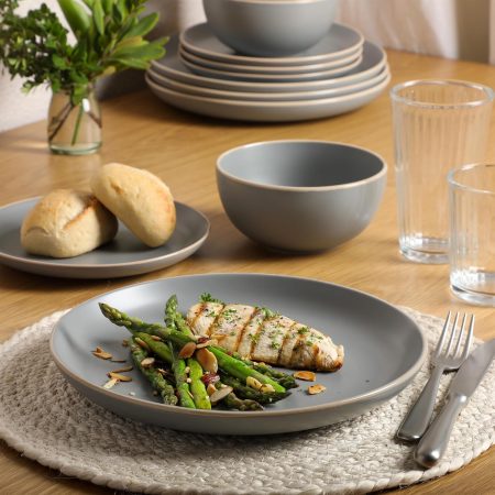 Matte Finish Gray Ceramic Dinnerware Set (12 pieces/4 servings), Simple Modern Design, Microwave and Dishwasher Safe